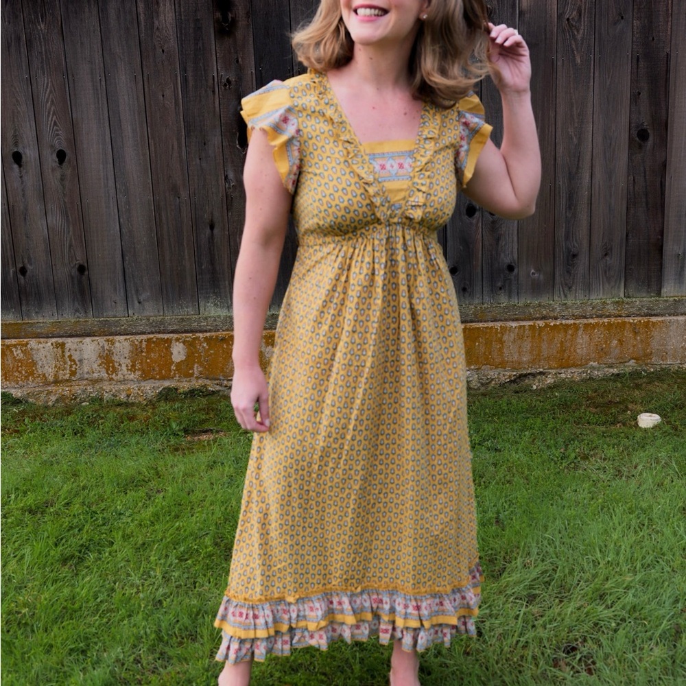 April Cornell Yellow Ruffled Ruched Midi Sundress